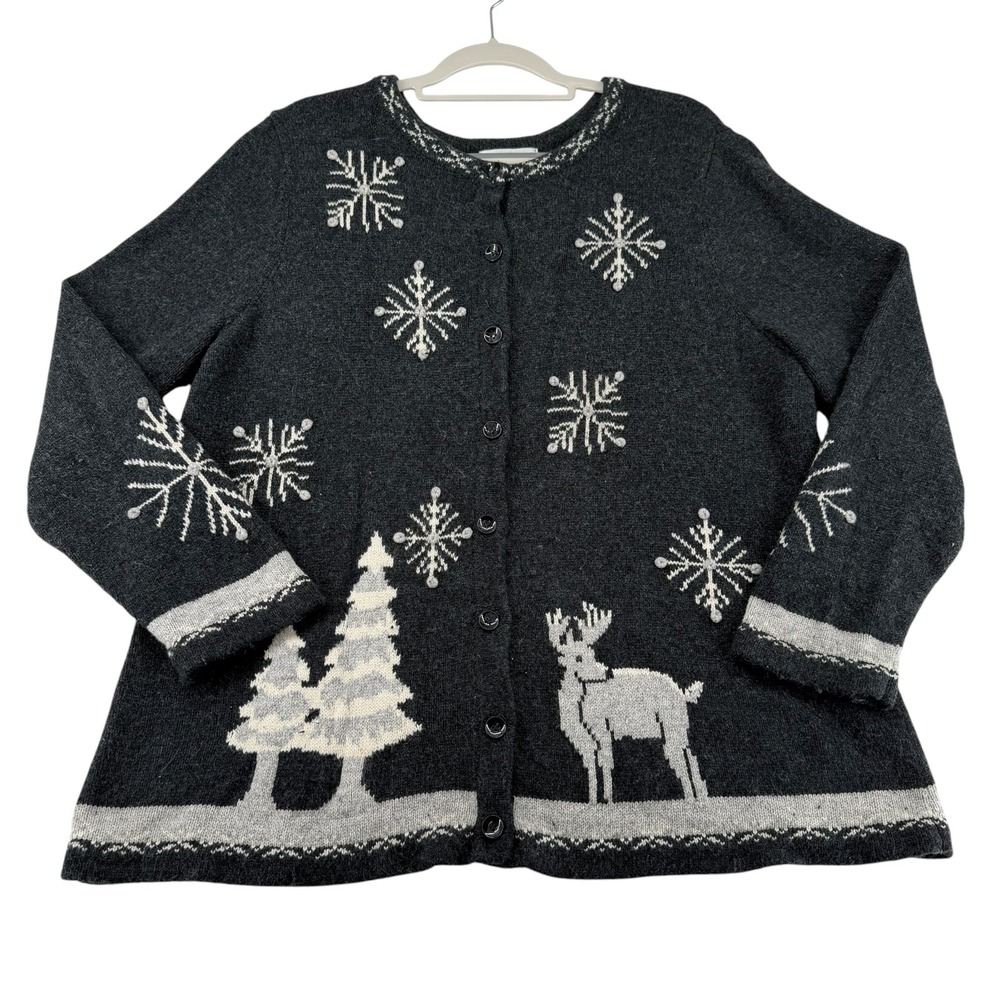 CJ Banks Christmas Cardigan Women Plus 1X Snowflake Hand Embroidered Sweater